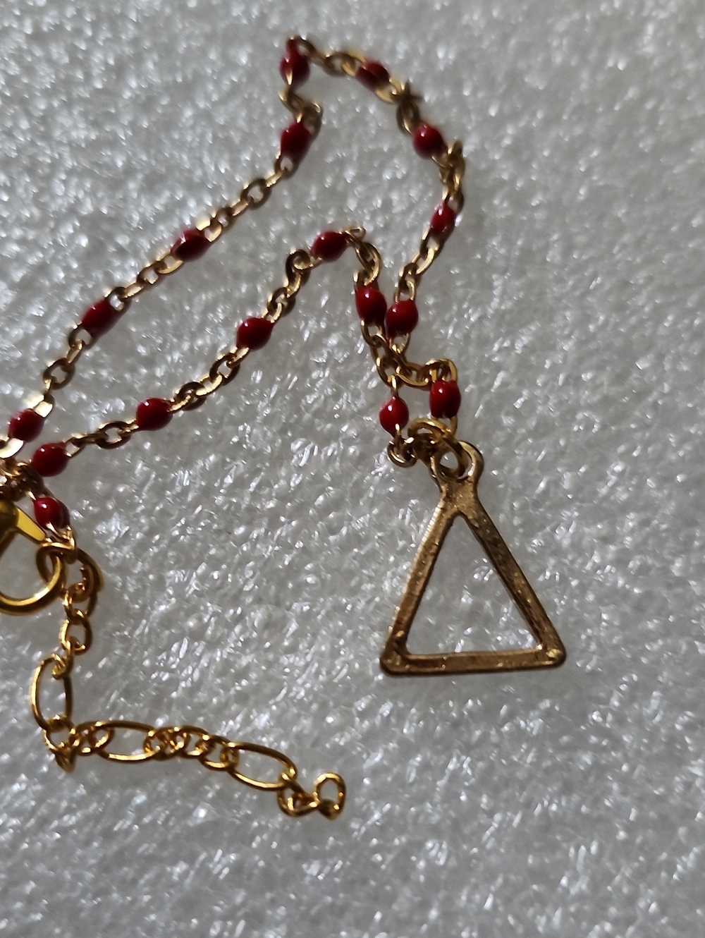 Hand Crafted Gold Triangle Bracelet / Anklet with Red Beads